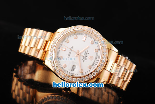 Rolex Day Date II Automatic Movement Full Rose Gold with Diamond Bezel-Diamond Markers and White Dial - Click Image to Close